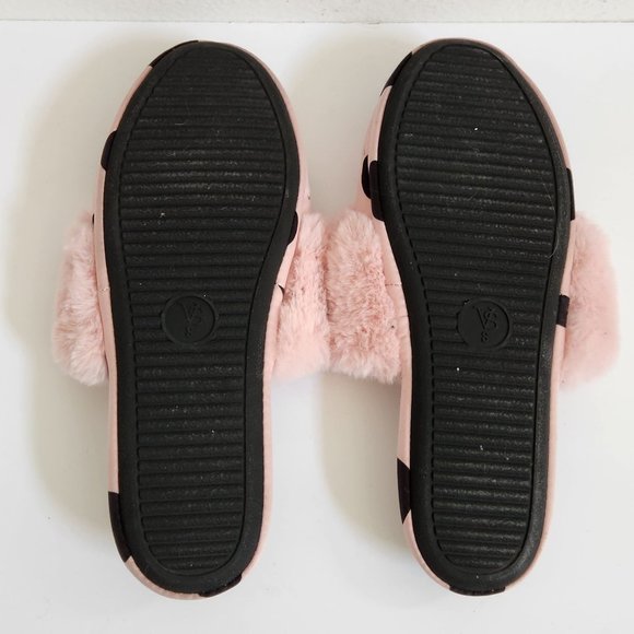 Victoria's Secret Signature Satin Slippers Pink/Black Polka Dot with Faux Fur Si - Picture 7 of 7